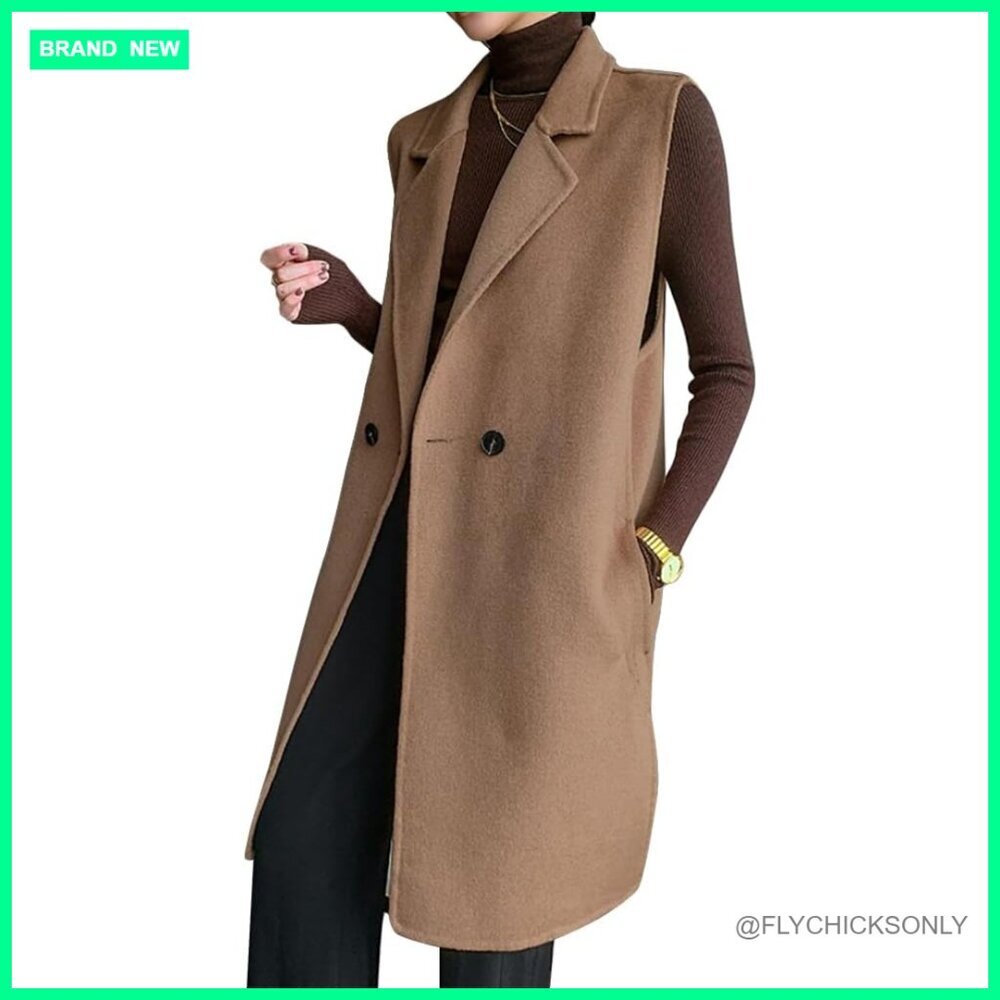 Long Wool Vest Sleeveless Blazer Jacket Polyester Blend